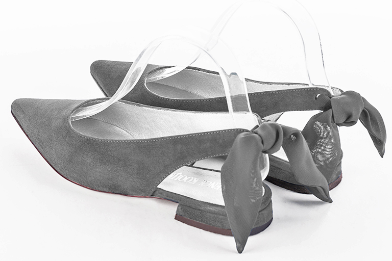 Pebble grey women's slingback shoes. Pointed toe. Flat block heels. Rear view - Florence KOOIJMAN